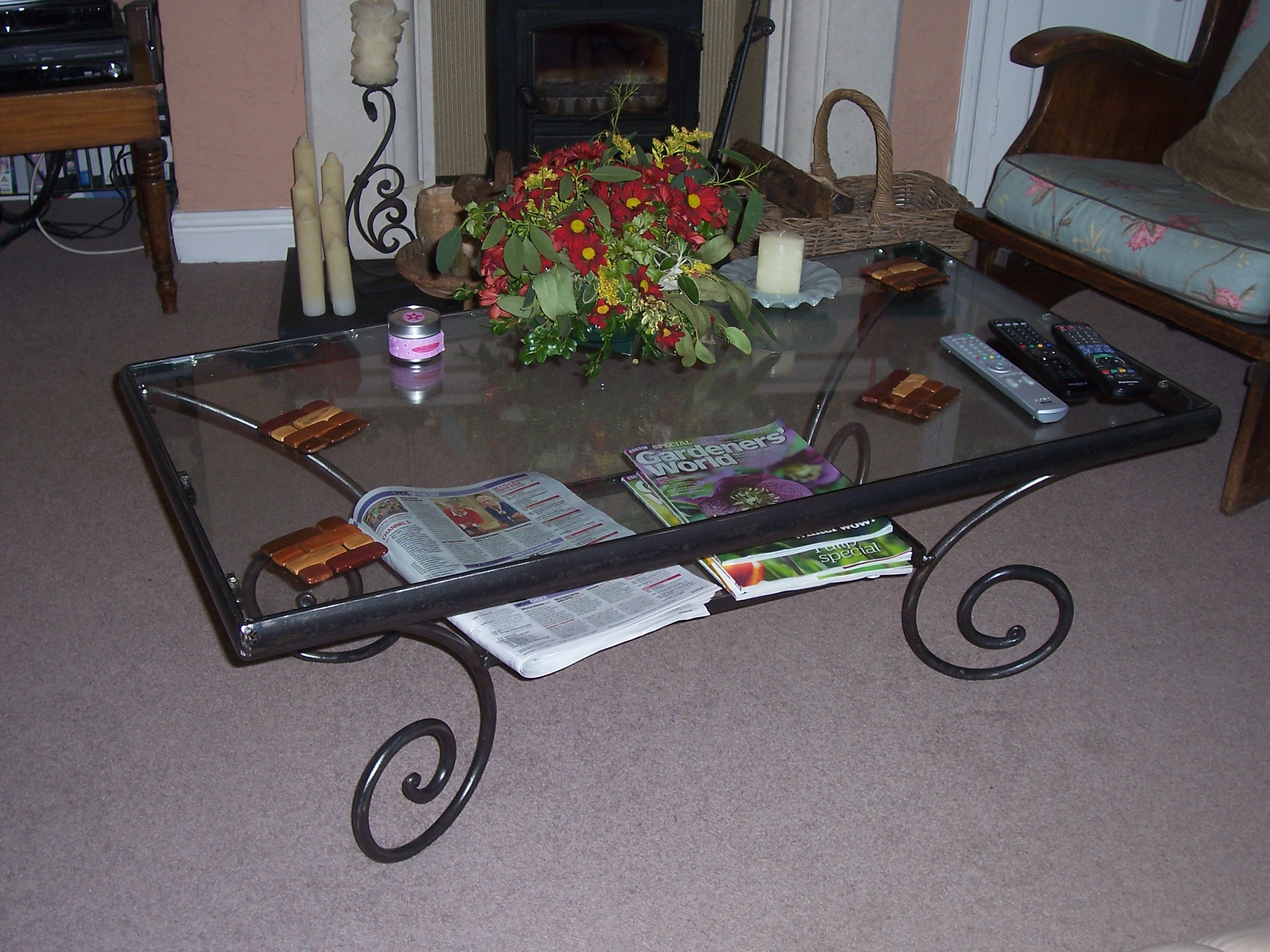 Wrought iron and glass coffee table