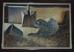 oil painting of lamb in barn