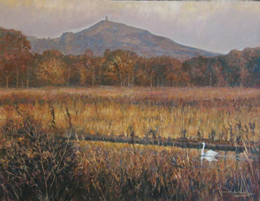 oil painting Glastonbury Tor with swan