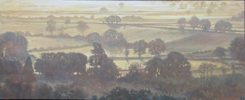 oil landscape light through trees and fields